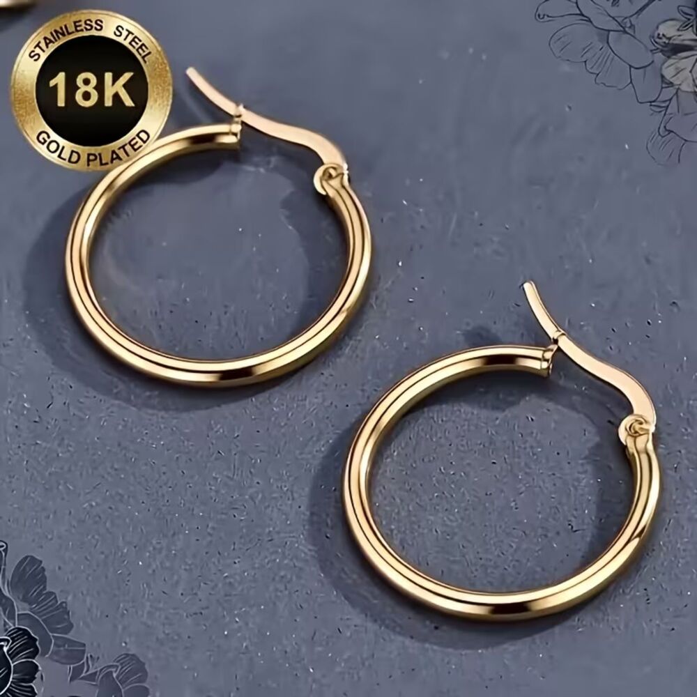 18K Gold Plated Stainless 0.75" Hoop Earrings Polished Secure Lightweight
